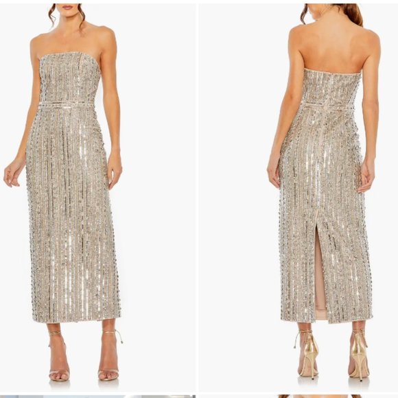MAC DUGGAL EMBELLISHED STRAPLESS COLUMN NUDE/SILVER MIDI DRESS sz 6 - Picture 1 of 3